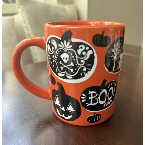 Crate and Barrel Halloween Orange Black Pumpkin Jack o Lanterns Mug Coffee Tea - Picture 3 of 5